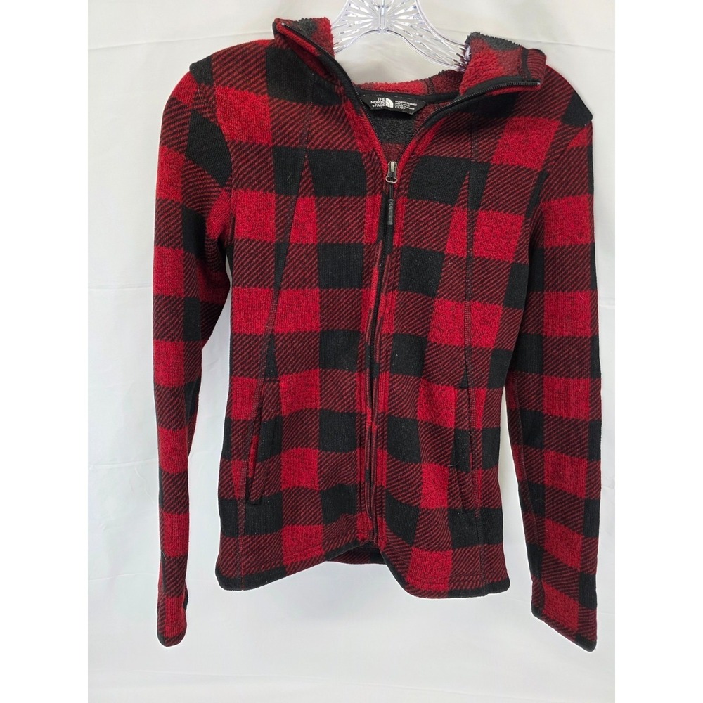 The North Face Womens XS Red Black Buffalo Plaid Full Zip Fleece Hoodie Jacket